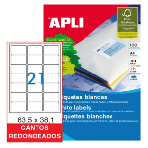 ETIQUETAS AUTOADHESIVAS APLI A4 63,5 X 38,1 MM CANTOS REDONDEADOS 21 X HOJA CAJA 100 HOJAS          