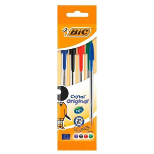 BOLÍGRAFO BIC CRISTAL TINTA BASE DE ACEITE COLORES SURTIDOS BLÍSTER 4 UNID.