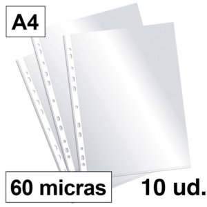 FUNDAS MULTITALADRO PLUS OFFICE A4 CRISTAL 60 MICRAS BOLSA 10 UD                                    