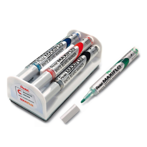 ROTULADOR PIZARRA PENTEL MAXIFLO PUNTA CÓNICA PACK 4 UNID. COLORES SURTIDOS + BORRADOR MAGNÉTICO