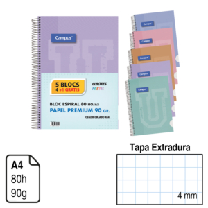 BLOC ESPIRAL PACK 5 COLORES PASTELES A4 TAPA FORRADA EXTRADURA 80 H. CUADRÍCULA 4 MM.