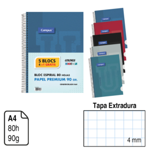 BLOC ESPIRAL PACK 5 COLORES TENDENCIA A4 TAPA FORRADA EXTRADURA 80 H. CUADRÍCULA 4 MM.