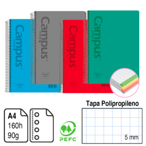 BLOC ESPIRAL MICROPERFORADO CAMPUS A4 TAPA POLIPROPILENO 160 H. 90 G. CUADRÍCULA 5 MM. REF. 3187