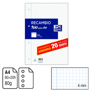 RECAMBIO OXFORD A4 100 H. 4 TALADROS CUADRÍCULA 4 MM. 80 G. REF. 400195058