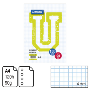 RECAMBIO CAMPUS A4 CUADRÍCULA 4 MM. 100 + 20 H. 90 G. REF. 2447