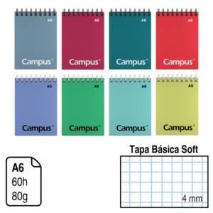 BLOC ESPIRAL CAMPUS A6 TAPA BÁSICA SOFT 60 H. CUADRÍCULA 4 MM. APAISADO REF. 3588