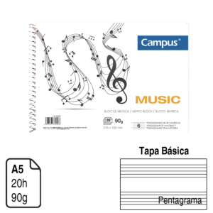BLOC ESPIRAL CAMPUS MUSIC A5 TAPA BÁSICA 20 H. 90 G. PENTAGRAMA REF. 630205