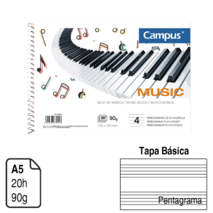 BLOC ESPIRAL CAMPUS MUSIC A5 TAPA BÁSICA 20 H. 90 G. 4 PENTAGRAMA REF. 630206