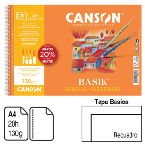 BLOC ESPIRAL DIBUJO MICROPERFORADO CANSON A4+ TAPA BÁSICA 20 HOJAS. 130 G. RECUADRO