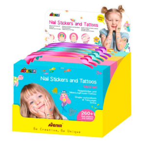 EXPOSITOR SET PEGATINAS DE UÑAS Y TATUAJES TEMPORALES AVENIR 8 UD.                                  